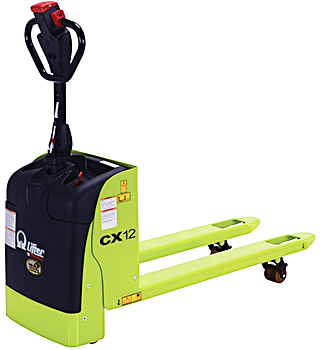 What is the distance between the forks on a Pramac CX12-2045 Narrow Aisle Electric Pallet Jack? 