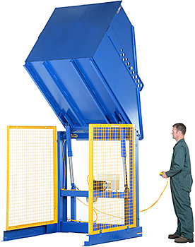 What kind of outlet does the Vestil HBD-4-60 Hydraulic Box Dumper hook up to?